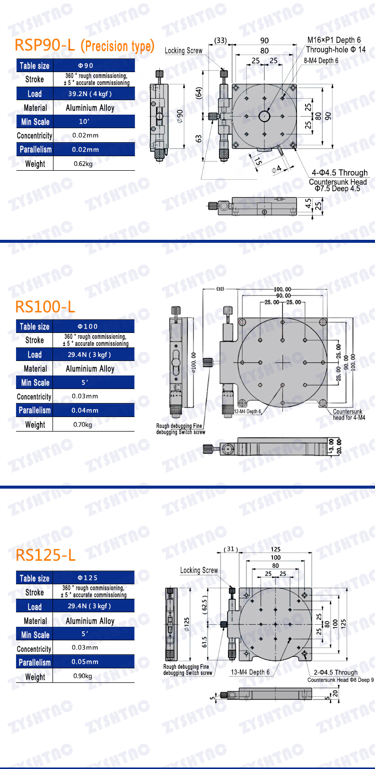 R-axis rotating slide RSP40/60/90/125 manual precision fine-tuning platform rotation angle 360 ° R-axis rotating slide RSP40/60/90/125 manual precision fine-tuning platform rotation angle 360 °